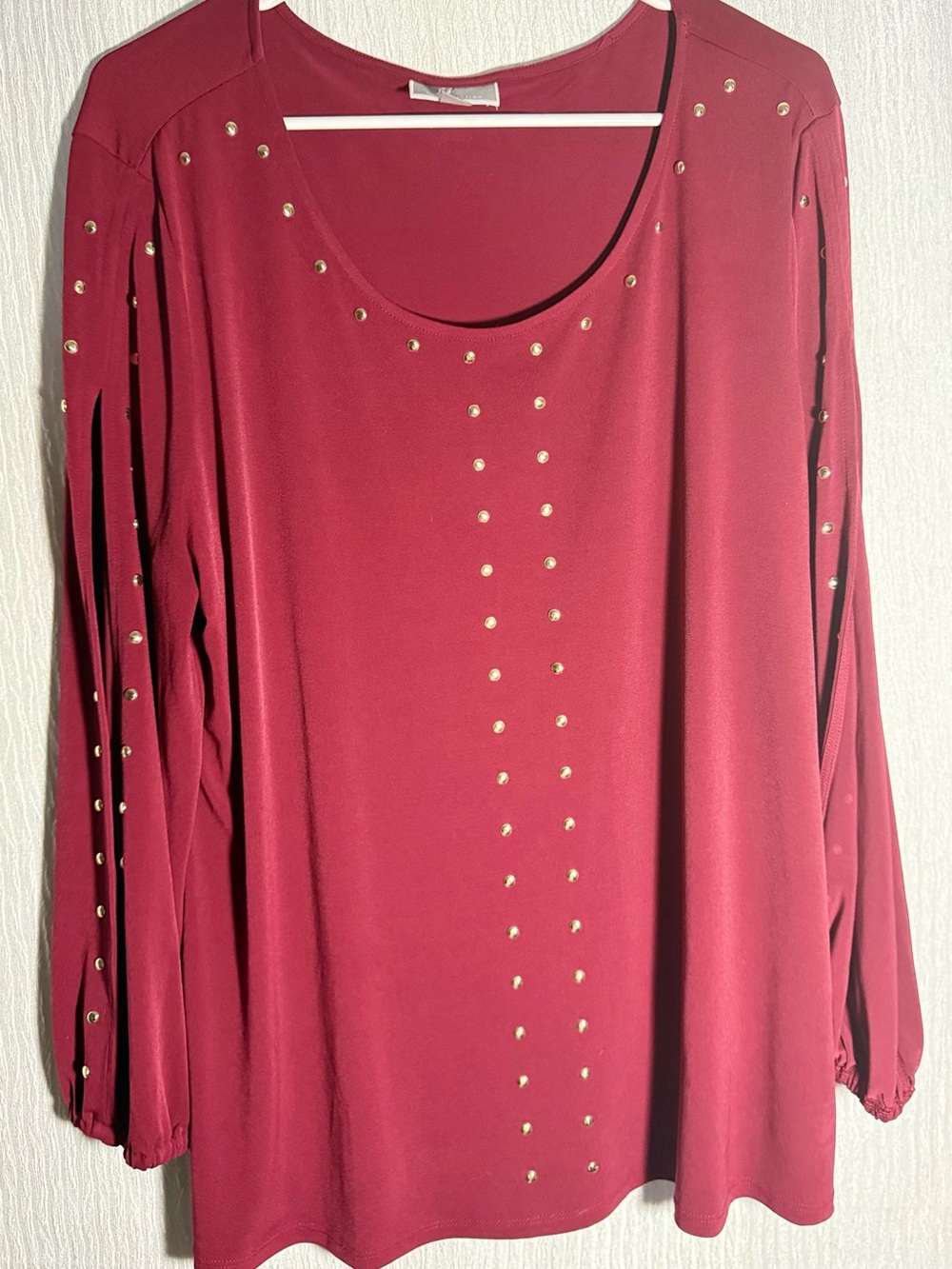 Anne Klein Burgundy Long Sleeve Top with Gold Studs